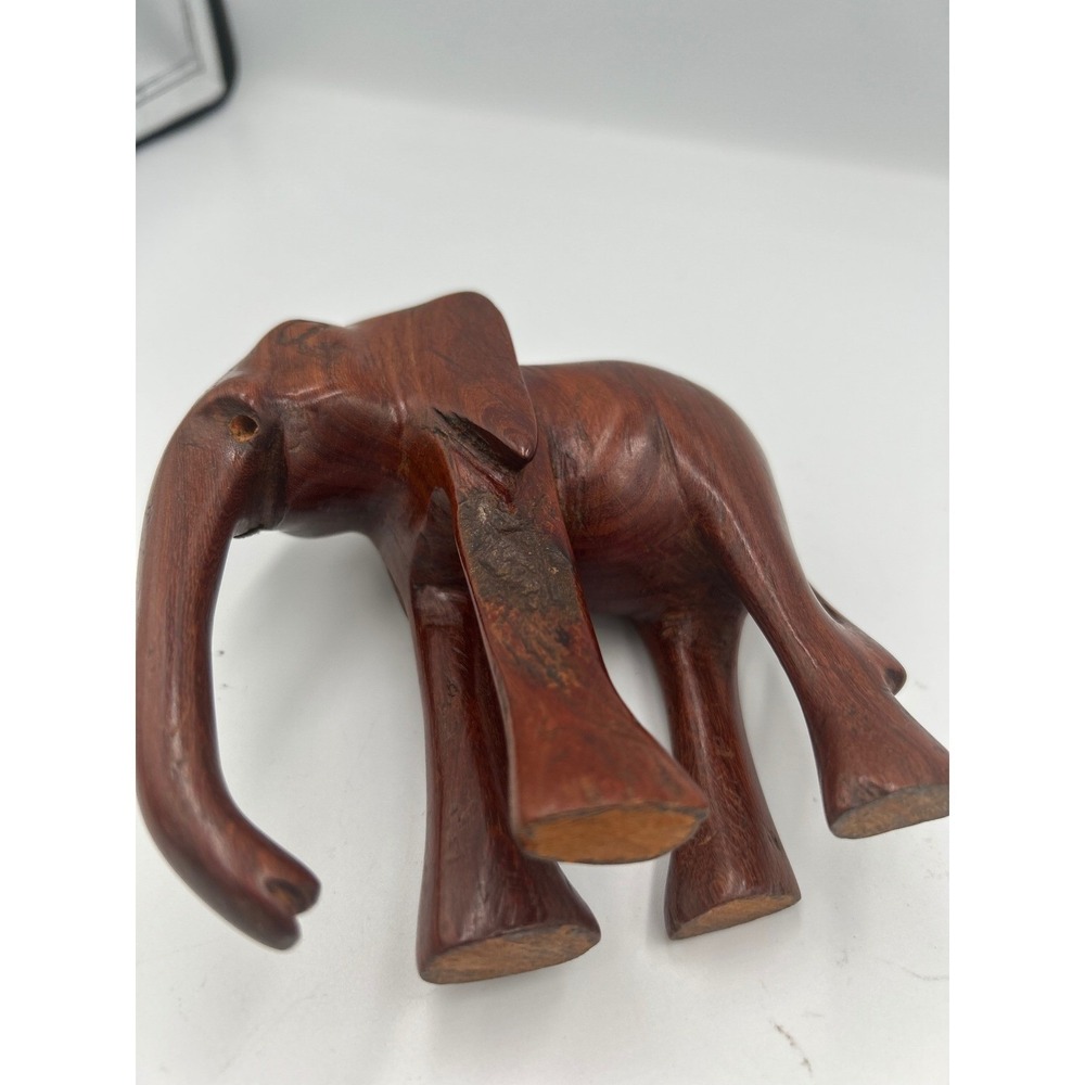 Vintage Hand Carved Solid Wood Elephant Figurine 4 Inch Brown Boho Decor